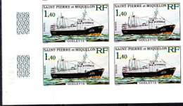 ST. PIERRE & MIQUELON(1976) Fishing Vessel "Goelette". Imperforate Margin Block Of 4. Scott No 452, Yvert No 454. - Non Dentelés, épreuves & Variétés