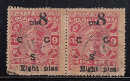 Pair 'EIGHT PIES' Variety,  Cochin, British India State, Official Used 1923, Surcharged 8p On 9 - Cochin