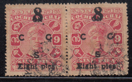 Pair 'EIGHT PIES' Variety,  Cochin, British India State, Official Used 1923, Surcharged 8p On 9 - Cochin