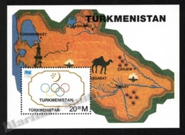 Turkmenistan 1997 Yvert BF 6, Sports. Organizations. IOC Centenary. Map & Olympic Logo - Miniature Sheet - MNH - Turkmenistán