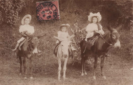 Photographie - Trois Enfants  Avec Chapeaux Sur Trois Anes - Carte Postale Ancienne - Fotografia