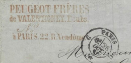 1861 ENTETE CACHET « PEUGEOT FRERES » INDUSTRIE Valentigny Doubs Et Paris  2 Timbres Empire Oblit. Paris Pour Grandvilli - 1800 – 1899