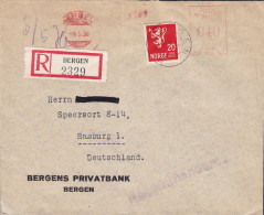 Norway BERGENS PRIVATBANK Registered Einschreiben Label BERGEN 1938 Uprated Meter Cover Freistempel Brief HAMBURG German - Covers & Documents