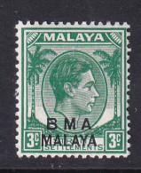 B.M.A. (Malaya): 1945/48   KGVI 'B.M.A.' OVPT   SG4    3c  Yellow Green    MH  - Malaya (British Military Administration)