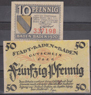 Baden-Baden 1919 Gutschein  Der Stadt Stadtkasse 10 Pf Und 50 Pf. Rs. Abb. Trinkhalle,  Und Ortsansicht, Gute  Erh. Not - Fiktive & Specimen