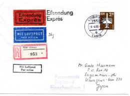 66871 - DDR - 1990 - 3M Luftpost EF A R-LpEilBf LUEBBEN -> Japan - Briefe U. Dokumente