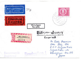 66874 - DDR - 1990 - 3M Staatswappen EF A R-LpEilBf LUEBBEN -> Japan - Briefe U. Dokumente