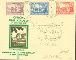 Australie New South Wales Official First Day Cover 1 10 1937 Commemorating The Sesqui Centenary Of NSW Oakleigh Victoria - Covers & Documents