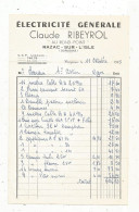 Facture , 1965, électricité Générale Claude RIBEYROL , "AU ROND-POINT", 24, RAZAC SUR L'ISLE, Dordogne - 1950 - ...