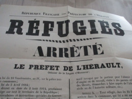 Grande Affiche Placard Département De L'Hérault Montpellier 1/12/1914 Guerre 14/18 Arrêté Sur Les Réfugiés Accueil Règle - Afiches