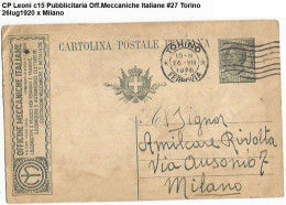 CP Leoni C15 Pubblicitaria Off.Meccaniche Italiane #27 Torino 26lug1920 X Milano - Publicity