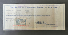 Portugal Facture Assurance Timbre Fiscal 1909  Mutual Life Insurance Co. New York Receipt Revenue Stamp - Brieven En Documenten