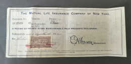 Portugal Facture Assurance Timbre Fiscal 1912 Mutual Life Insurance Co. New York Receipt Revenue Stamp - Storia Postale