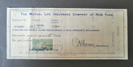 Portugal Facture Assurance Timbre Fiscal 1914 Mutual Life Insurance Co. New York Receipt Revenue Stamp - Lettres & Documents