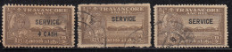 ¾ch X 3 Diff., SERVICE Travancore Used 1942, Maharaja 29th Birthday, (SGO104, 104b & O107) - Travancore