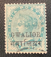 Gwalior 1889 SG 16 VARIETY SMALL A IN OVPT On India Queen Victoria 1/2 Anna VF Used (Indian Convention States - Gwalior