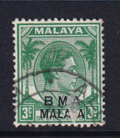 B.M.A. (Malaya): 1945/48   KGVI 'B.M.A.' OVPT   SG4    3c  Yellow Green    Used  - Malaya (British Military Administration)