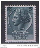 REPUBBLICA  VARIETA':  1953  TURRITA  -  £. 5  GRIGIO  US. -  FIL. LETTERE  8/10  DX.  -  C.E.I. 692 - Varietà E Curiosità