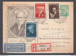 Danzig 1938 , 10 Pfg. Bildganzsache Schopenhauer Mit Mi 281-83,FDC,Einschreiben,Luftpost Nach England(D3518), - Postal  Stationery