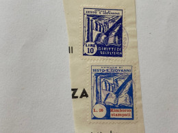 MARCA DA BOLLO SU FRAMMENTO DIRITTI DI SEGRETERIA COMUNE DI SESTO SAN GIOVANNI.1 - Revenue Stamps