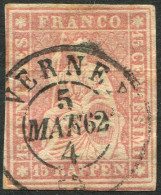 Suiza 1854 Correo 28 US 15 Rp. 1854 Rosa - Punto Claro  - Gebraucht