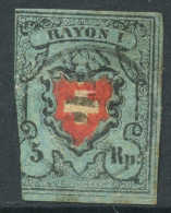 Suiza 1850 Correo 14 US 5 Rp. 1850 Azul / Margen Izquierdo Recortado  - 1843-1852 Federal & Cantonal Stamps