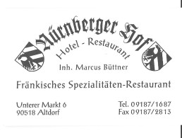 Altdorf Hotel Restaurant Nurnberger Hof Visitekaartje Etiquette Htje - Cartes De Visite