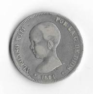 ESPAGNE  5 Pesetas  ALPHONSE XIII  Portrait Bébé 1891  PG.M , TB - Provincial Currencies