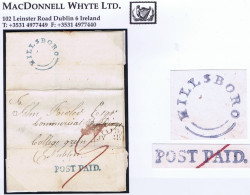 Ireland Down 1835 Masonoic Cover To Dublin Paid "9" With HILLSBORO Udc And POST PAID. Of Hillsborough In Blue - Prephilately