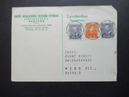 Ungarn 1936 Postkarte / Werbe PK Stefan Mit Der Krone 1882 / Pusztagold /Grof Keglevich Istvan Utodai Budafok Nach Wien - Cartas & Documentos