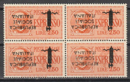 ITALY 1944 - Express Mail Block Of 4 2.50 Lire With Inverted Ovpt - Correo Urgente