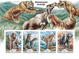 Guinea Bissau 2015, Animals In Danger, Gorilla, Penguins, Elephant, Tiger, Wild Cat, 4val In BF IMPERFORATED - Pingouins & Manchots