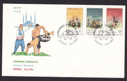 Turkey: FDC First Day Cover, 1986, 3 Stamps, Wrestling, Wrestle Sports Tradition, Mosque (traces Of Use) - Covers & Documents