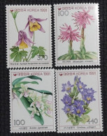 BD) 1991. KOREA, PLANTS, AQUILEGIA BUERGERIANA, HELONIOPSIS, SEDIREA JAPONICA, GENTIANA ZOLLINGERI, MNH - Korea (Nord)