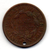 U.S.A, 1 Cent, Copper, Year 1836, KM # 45.1, HOLED. - 1816-1839: Coronet Head (Testa Coronata