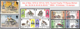 Isle Of Man 1973 & 1974 & 1975: Tourist-Trophy TT-Races Michel-No. 33-34 & 40-43 & 60-63 ** MNH  10 Timbres / 10 Stamps - Moto