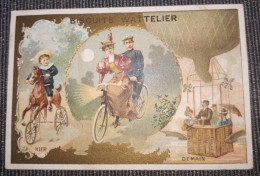 CHROMO VELO CYCLE CYCLISME BISCUITS WATTELIER HIER AUJOURD'HUI DEMAIN 1880-1895 - Andere & Zonder Classificatie