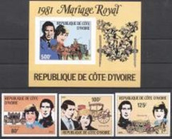 Ivory Coast 1981, Royal Wedding, Diana, 3val +BF IMPERFORATED - Stage-Coaches