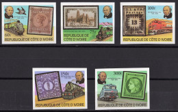 Ivory Coast 1981, Trains, Roland Hill, Stamp On Stamp, 5val IMPERFORATED - Rowland Hill