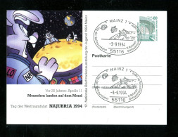 "BUNDESREPUBLIK DEUTSCHLAND" 1994, Privatpostkarte "Menschen Landen Auf Dem Mond" SSt. "Mainz" (16365) - Privé Postkaarten - Gebruikt