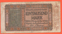 1000 Mark 1922 BERLIN NOTGELD Germania Germany Stdtgemeinde Deutschland - Ohne Zuordnung