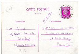 Entier CP--1945-- Type Cérès De Mazelin De Saint Palais Sur Mer--17  Pour Paris ...cachet 29-8-45 - Standard Postcards & Stamped On Demand (before 1995)