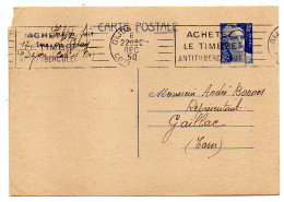 Entier CP-1950- Type Marianne Gandon 12f De DIJON-21 Pour GAILLAC-81..Cachet  6-12-1950....timbre Antituberculeux. - Cartes Postales Types Et TSC (avant 1995)