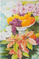 Carte Depliante Tressée Reproduction D'une Aquarelle Peintre Avec La Bouche (Nature Morte Aux Roses De Noel) J SASUTONA - Watercolours