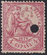 Spain 1874 Sc 209 España Ed 151 Telegraph Punch Cancel Heavy Hinge - Gebruikt