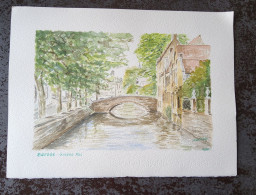 Brugge, Aquarel Groene Rei Door J. Van Hees - Acquarelli