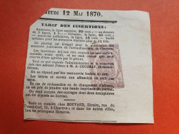 Timbre Pour Journaux Sur Fragment De Journal En 1870 - Réf J 193 - Giornali