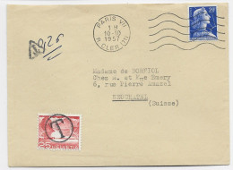 FRANCE MULLER 20FR SEUL LETTRE COVER PARIS VII 10.10.1957 POUR SUISSE TAXE 25C ROUGE - 1955-1961 Marianne Van Muller