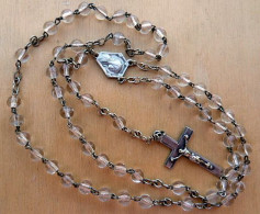 CHAPT-077Chapelet Grains Ronds Cristal De Verre,croix Et Chaine En Ag De 36cm De Long - Religious Art