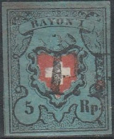 Swiss - Svizzera -  495 - 1850 - Rayon I, 5 Rappen, Azzurro Scuro Nero E Rosso, Croce Non Inquadrata, Annullato Con Il B - 1843-1852 Kantonalmarken Und Bundesmarken